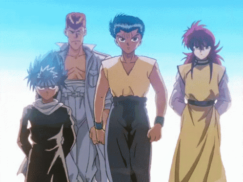 a group of anime characters standing next to each other with a blue sky in the background