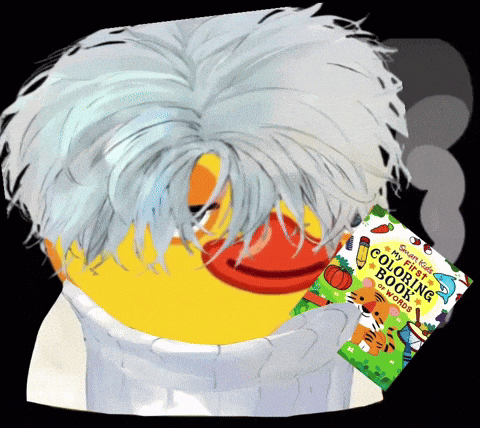 a yellow duck with gray hair is next to a quick kids first coloring book