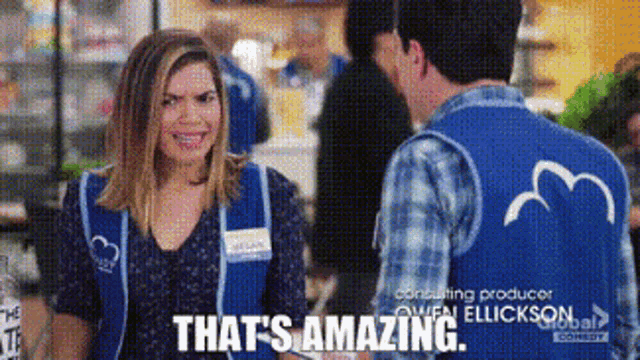 a woman in a superstore uniform says " that 's amazing " to a man