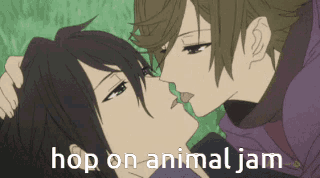a couple of anime characters kissing with the words hop on animal jam above them