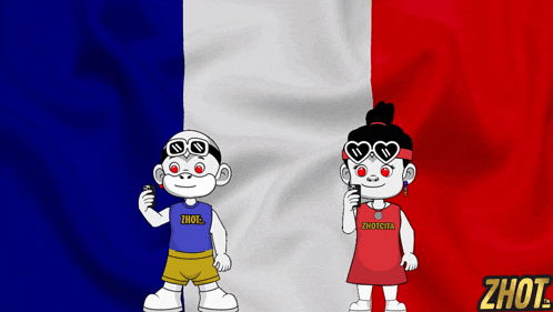 a boy and a girl are standing in front of a french flag and the girl is wearing a zhout shirt
