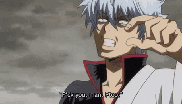a man in a kimono is making a funny face and says " f * ck you man , ptoo "