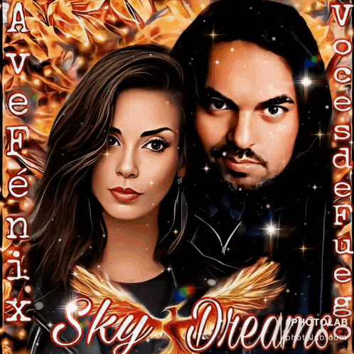 a painting of a man and a woman with the words sky dreams behind them