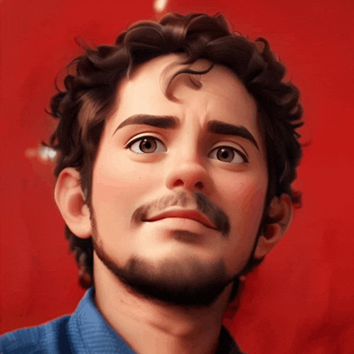a close up of a man 's face with a beard and curly hair