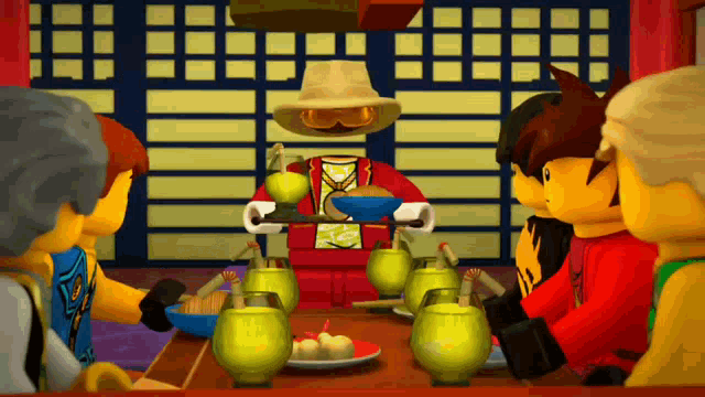 a group of lego characters sitting around a table