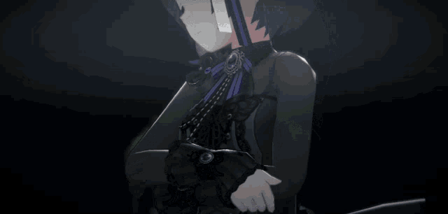 a girl with short black hair is wearing a black dress and gloves