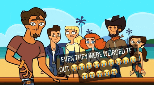 a group of cartoon characters are standing around a sign that says even they were weirded tf out