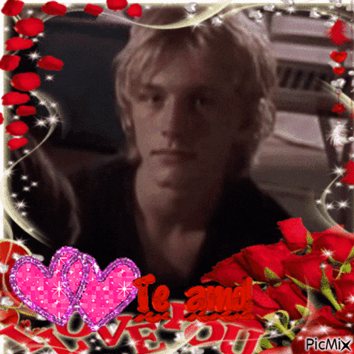 a picture of a man surrounded by red roses and pink hearts with the words te amo love you