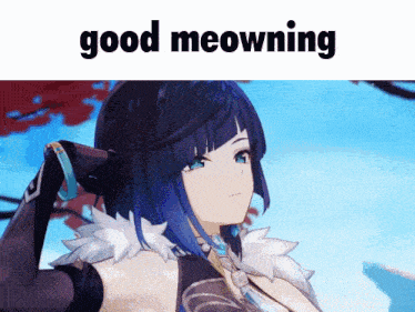 a picture of a girl with blue hair and the words good meowning below her