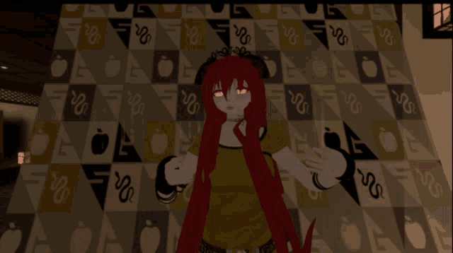 a girl with red hair stands in front of a wall with snake and apple patterns