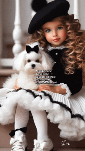 a little girl in a black and white dress holds a white dog