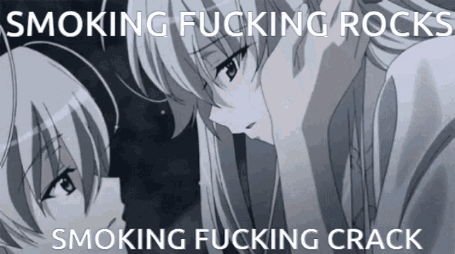 a couple of anime characters with the words smoking fucking rocks smoking fucking crack