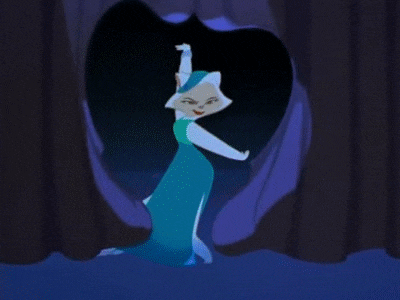 a cartoon cat is dancing on a stage wearing a blue dress .