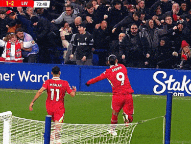 a soccer player with the number 9 on his back celebrates a goal