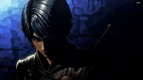 a girl with blue hair is holding a sword and looking at the camera