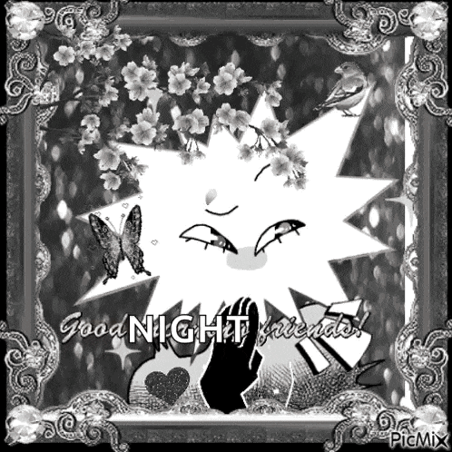 a black and white picture of a star with flowers on it and the words good night