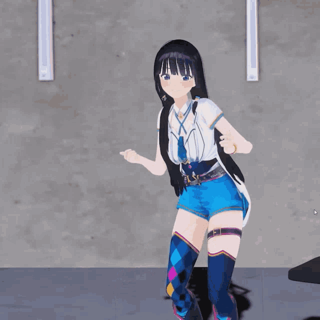 a computer generated image of a girl in blue shorts and black boots