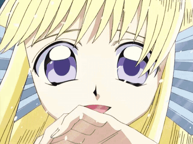 a close up of a blonde anime girl with purple eyes and a smile on her face