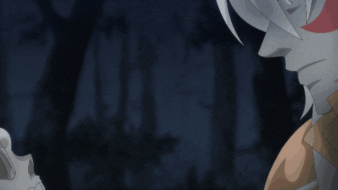 a man with long white hair is looking at a skeleton