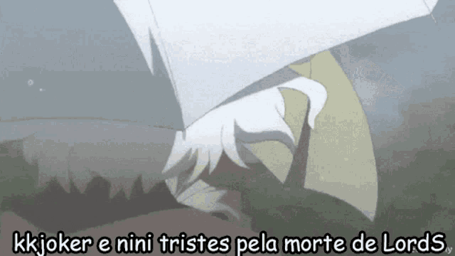 a cartoon of a man holding an umbrella with the words kkjoker e nini tristes pela morte de lords below him