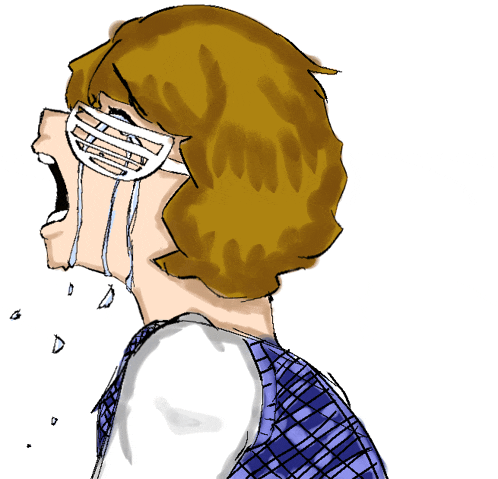 a drawing of a girl with glasses on her face crying