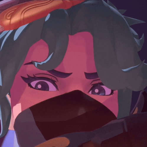 a close up of a cartoon character 's face with a sword in the background