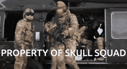 a group of soldiers standing in front of a helicopter with the words property of skull squad written on the bottom