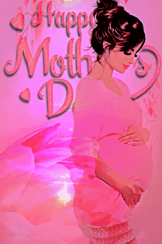 a happy mother 's day greeting card with a pregnant woman in a pink dress
