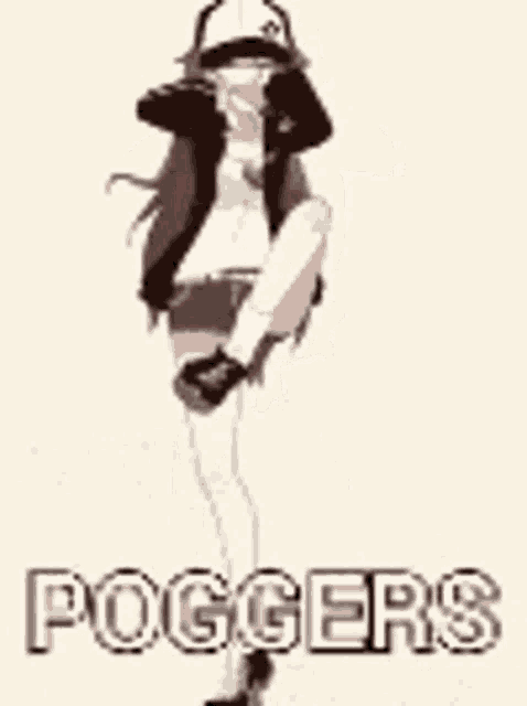a girl in a top hat and shorts is dancing with the word poggers in the background .