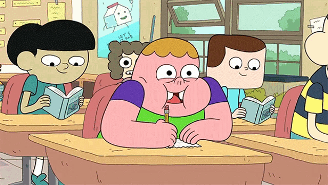 a group of cartoon characters are sitting at desks in a classroom with a poster on the wall that says let 's talk