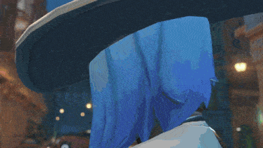 a woman with long blue hair is wearing a cowboy hat