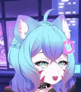 a girl with blue hair and purple ears is wearing a choker and a collar .