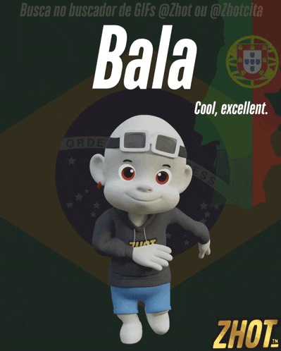 a cartoon character named bala is wearing a zhot sweatshirt