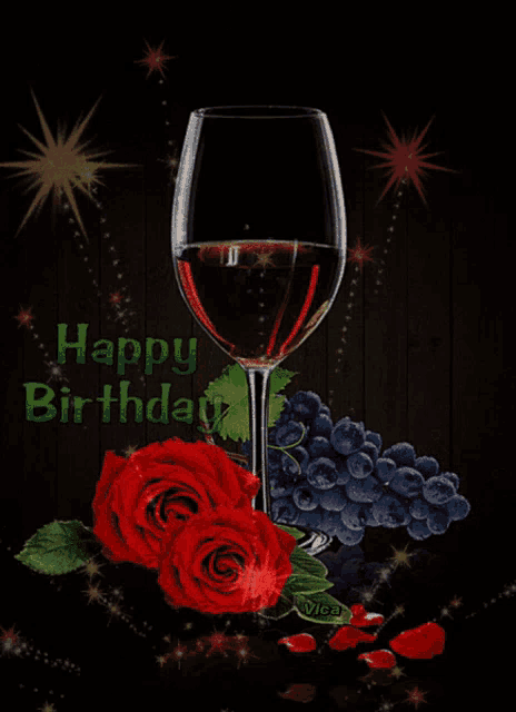 a birthday card with a glass of wine and roses