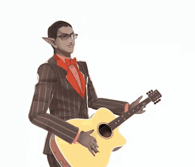 a man in a suit is holding a guitar