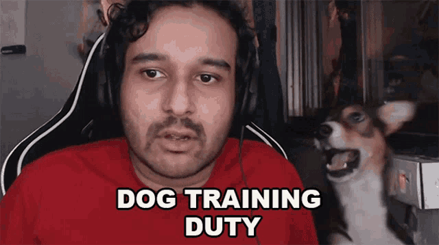 a man with headphones says dog training duty in front of a dog