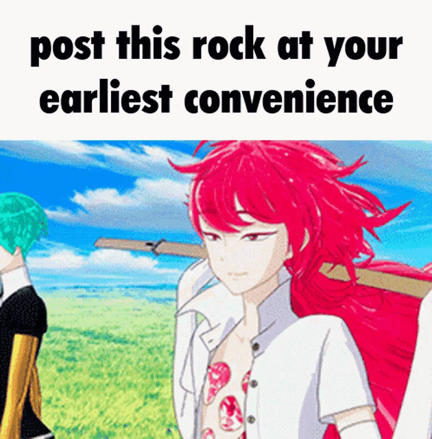 a cartoon of a girl with red hair and the words post this rock at your earliest convenience on the bottom