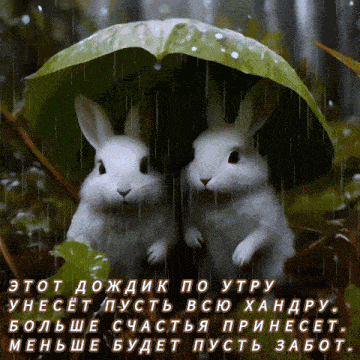 two white rabbits under an umbrella in the rain with russian writing