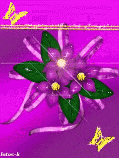 a purple flower with green leaves on a purple background with butterflies