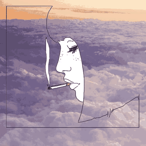 a drawing of a man smoking a cigarette in the clouds