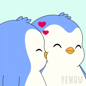 two penguins are kissing with hearts above them and the word pengu is on the bottom
