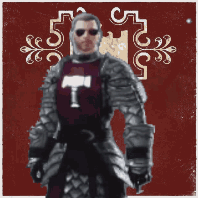 a man wearing sunglasses and a knight 's armor stands in front of a castle