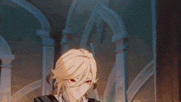 a cartoon character with blonde hair and red eyes is standing in a hallway .