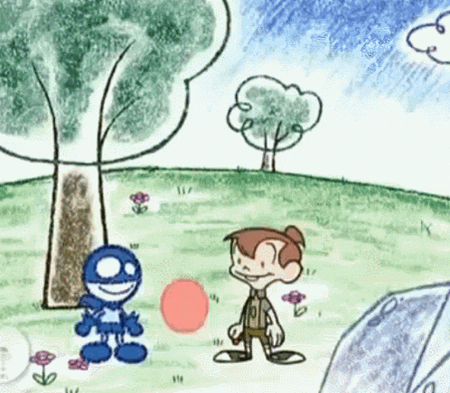 a child 's drawing of a boy and a robot playing with a ball