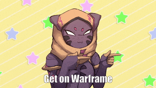 a cartoon of a cat with the words get on warframe