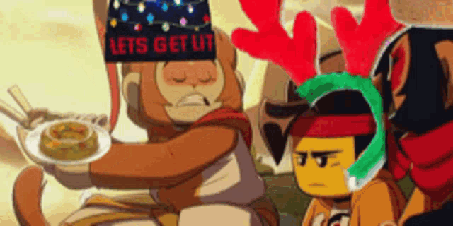 a cartoon of a monkey holding a plate of food and a sign that says let 's get lit