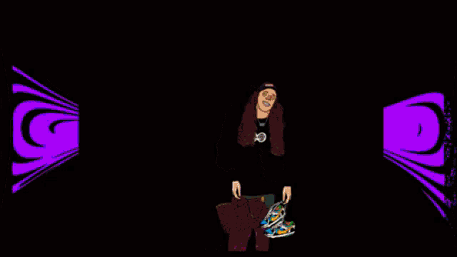 a cartoon of a woman holding a purse with the words global goods shop on the bottom