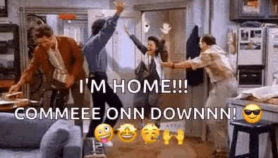 a group of people are dancing in a living room with the words `` i 'm home '' written above them .