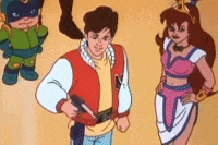 a man and a woman are standing next to each other in a cartoon .