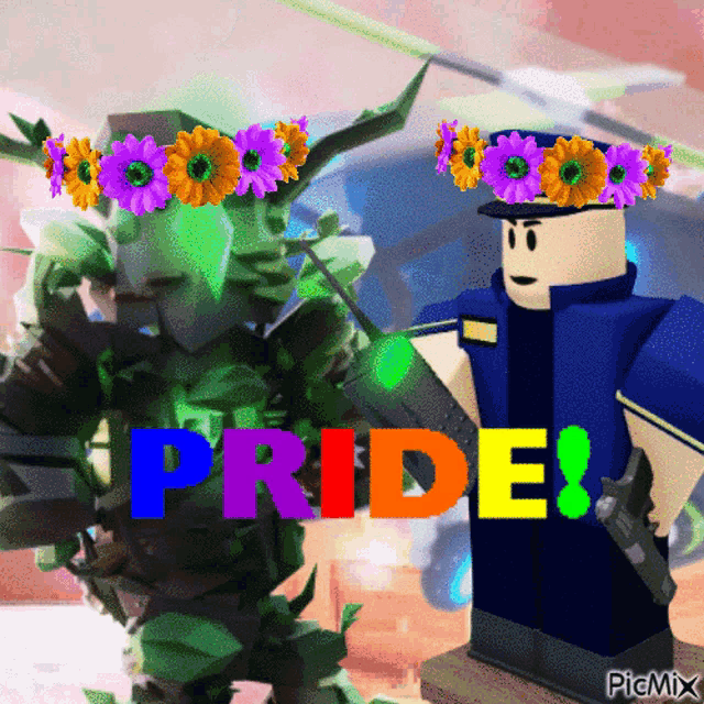 a video game character with a flower crown on his head and the words pride on the bottom